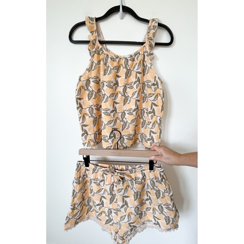 J.O.Y Just Organic You Lemon Tank Shorts Cotton Gauze Pajama Set Womens Medium